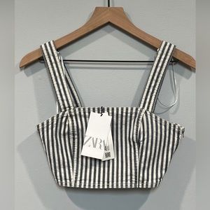 NWT Zara Denim Crop Top‎ Size Small White Blue Striped Side Zipper Square Neck